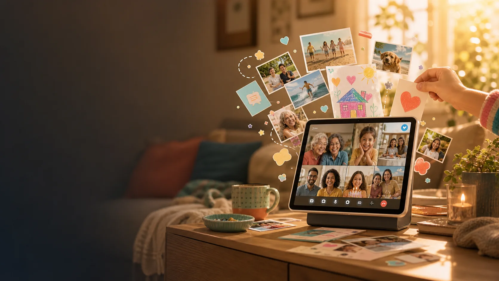 Private family photos, drawings, and video moments flowing around a tablet